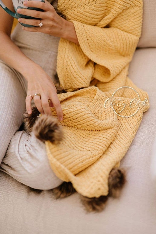 Chenille Pom Blanket: Mustard