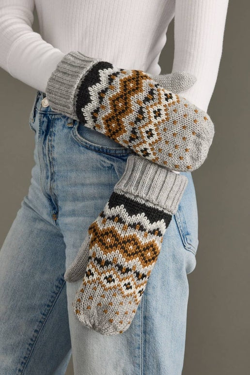 Gray, Camel & Black Patterned Mittens