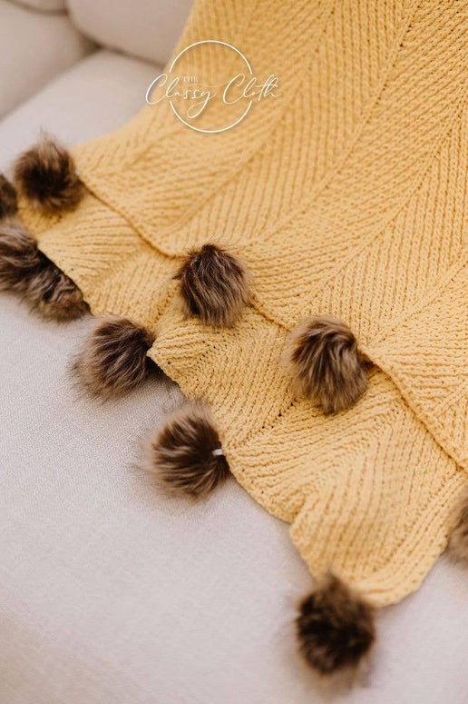 Chenille Pom Blanket: Mustard