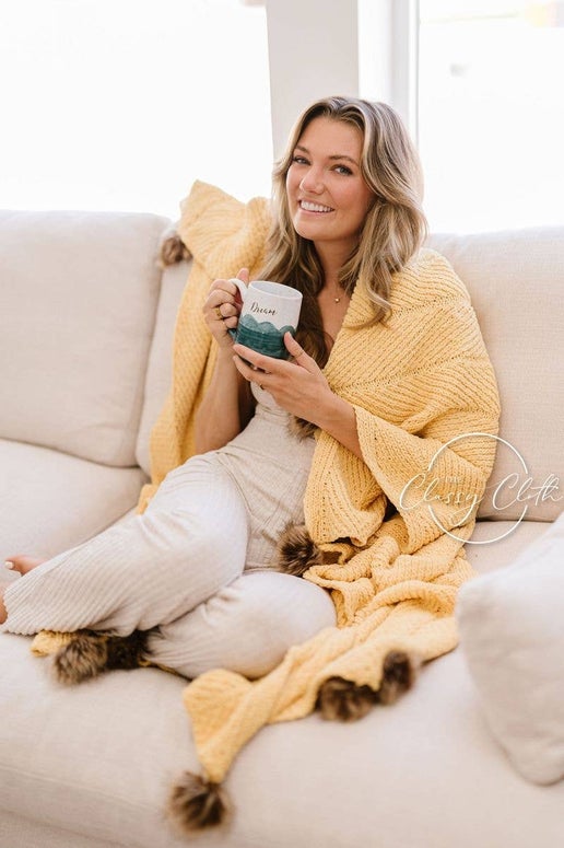 Chenille Pom Blanket: Mustard