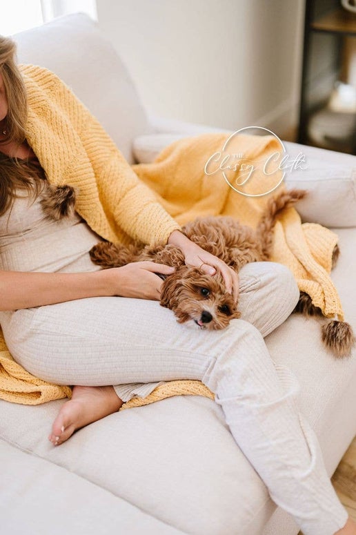 Chenille Pom Blanket: Mustard