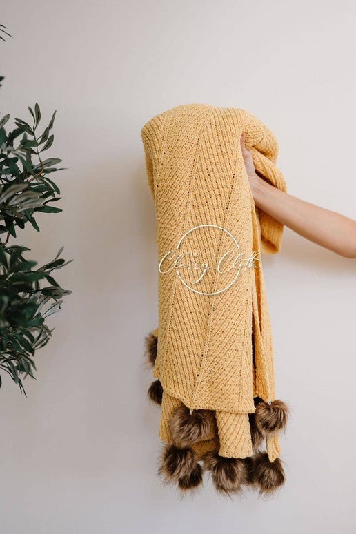 Chenille Pom Blanket: Mustard