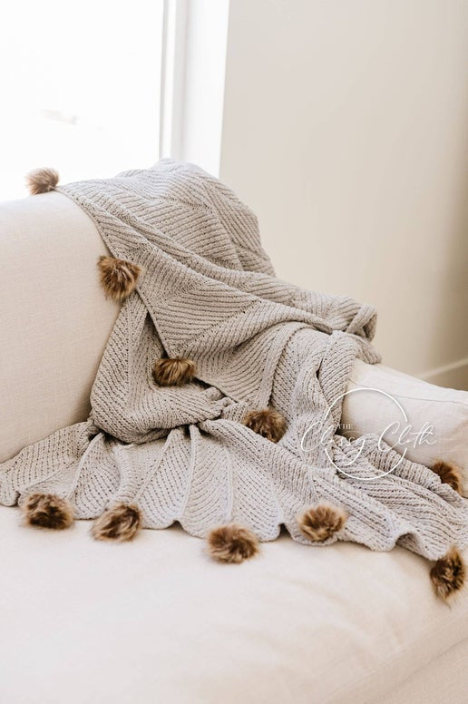Chenille Pom Blanket: Grey