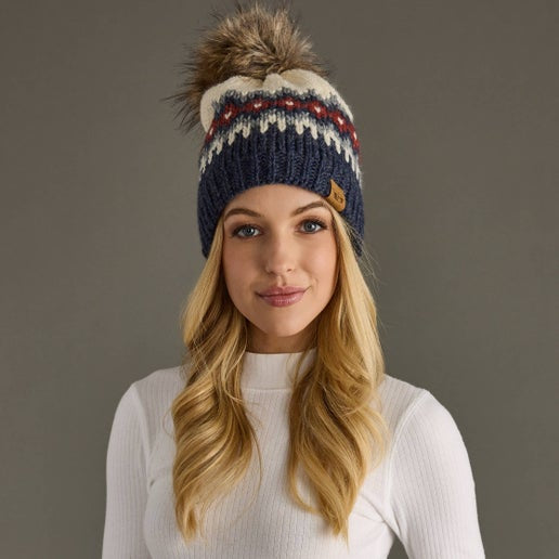 Cream, Blue, Red & Gray Pom Hat