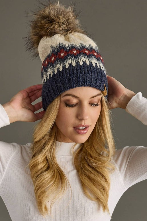 Cream, Blue, Red & Gray Pom Hat