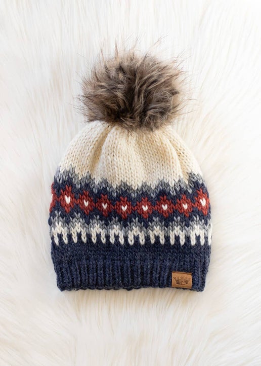 Cream, Blue, Red & Gray Pom Hat