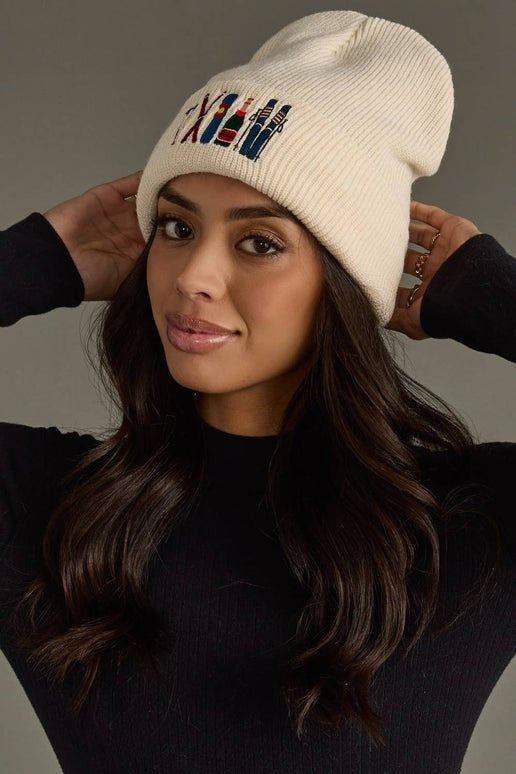 Beige Ski Embroidered Knit Beanie