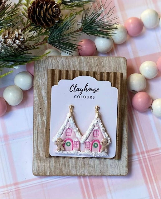 Pink Gingerbread House Earrings